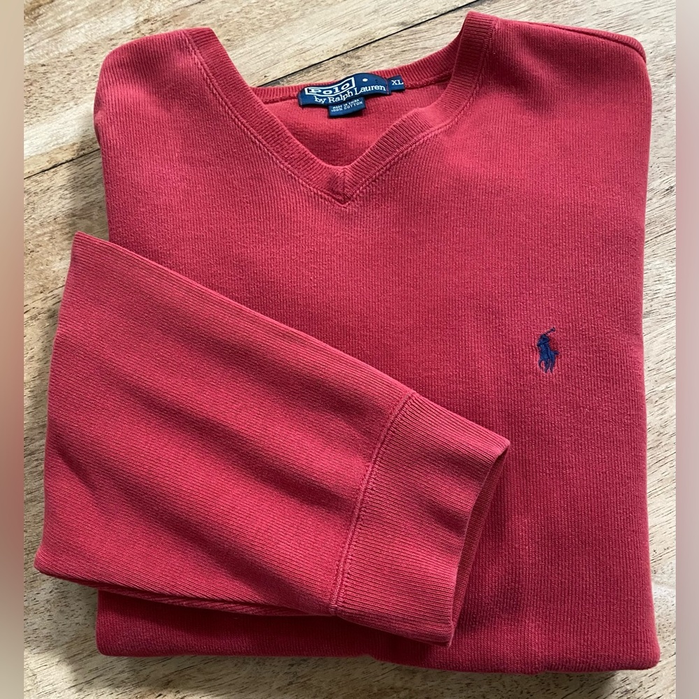 Polo by Ralph Lauren Men’s‎ Size XL Red 100% Cotton V Neck Ribbed Pullover